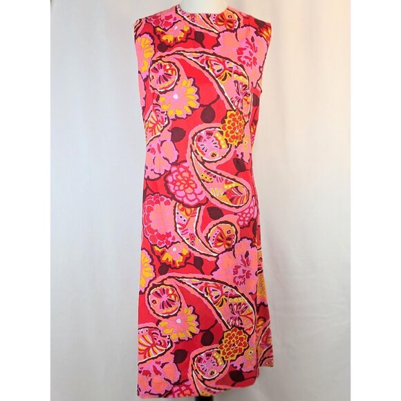 Vintage 60s Pink & Yellow Paisley Shift Dress Size M Womens Mod Midi Go-Go Shift - Picture 2 of 10